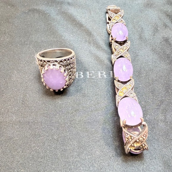 Jewelry - Vintage 925 Sterling Silver Marcasite Lavender Jade Ring and Bracelet Set 39g